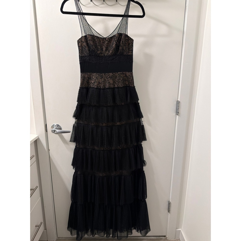 Black Lace and Tiered Pleated Tulle Evening Gown with Satin Waist Tie